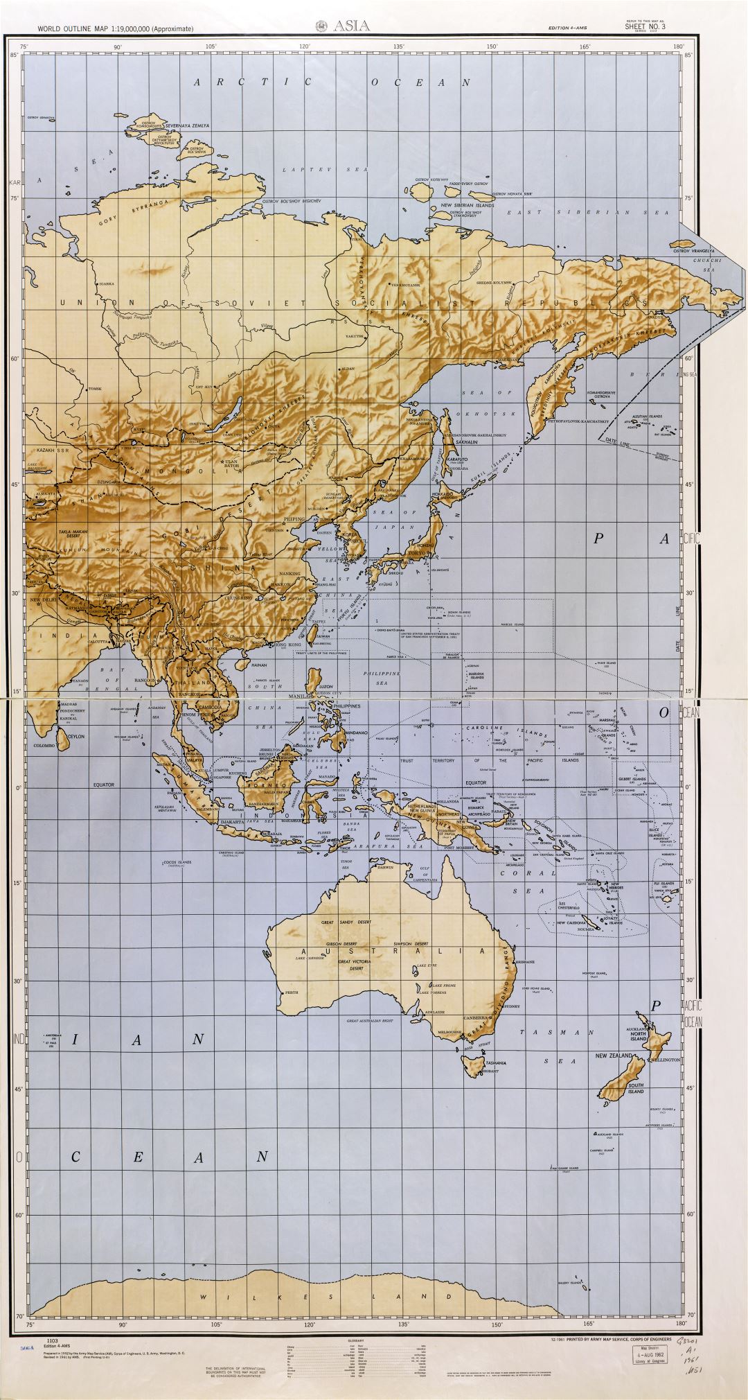 Mapa grande del contorno del mundo detallada con alivio - parte 3 (Asia) 1961-1962