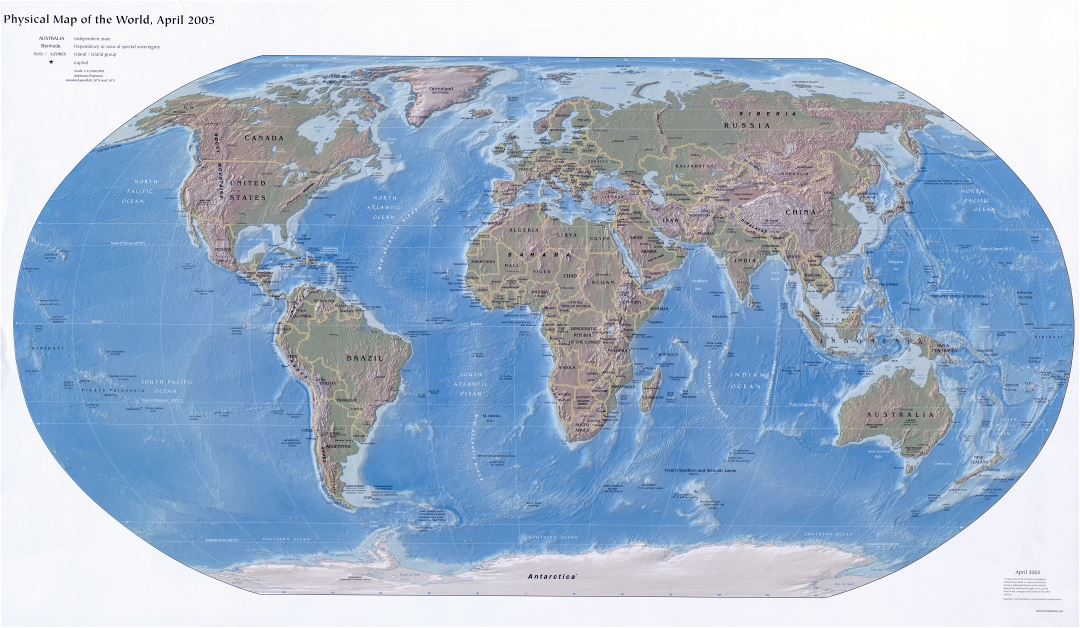 Mapa grande detallada físico y político del mundo con las capitales y principales ciudades - 2005