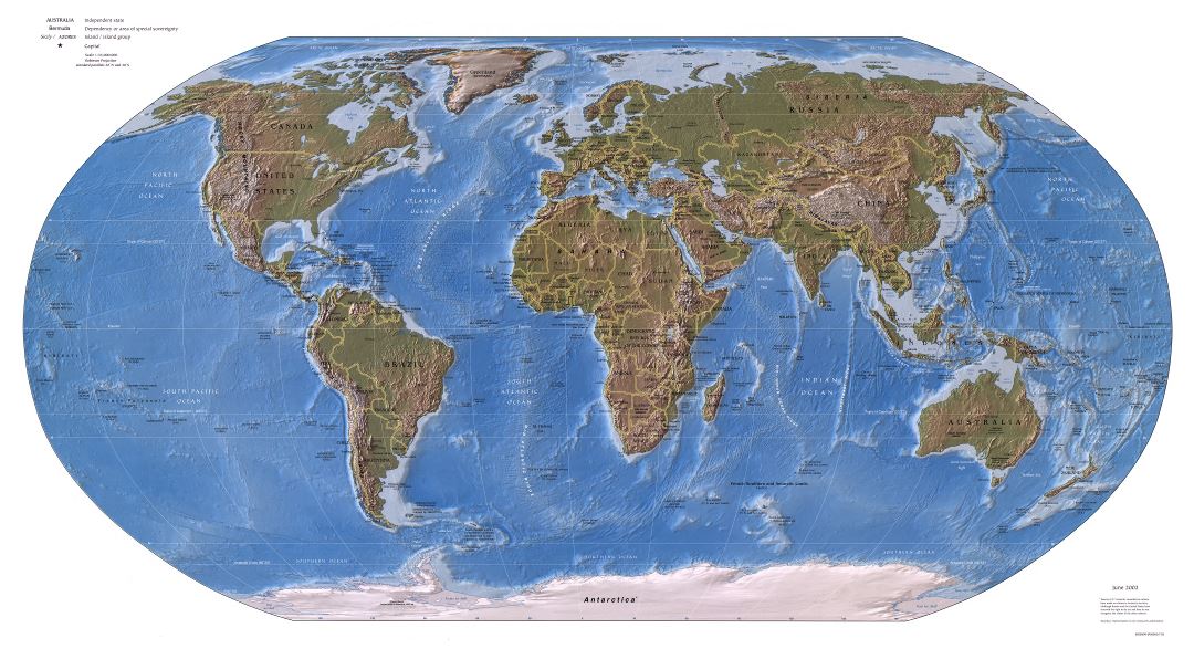 Mapa grande política detallado del mundo con alivio y capitales - 2003