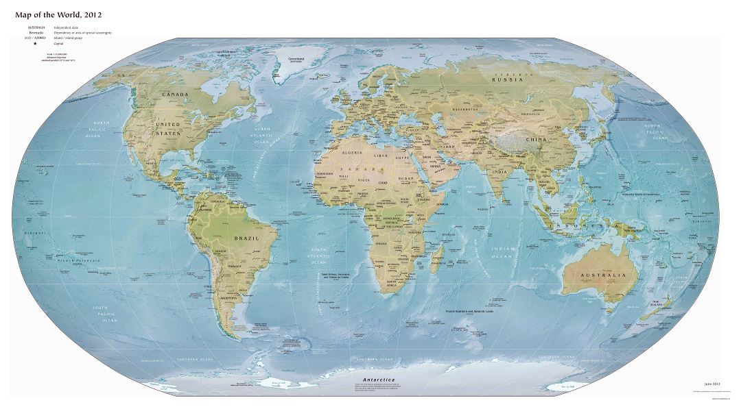 Mapa grande política detallado del mundo con alivio y las principales ciudades - 2012