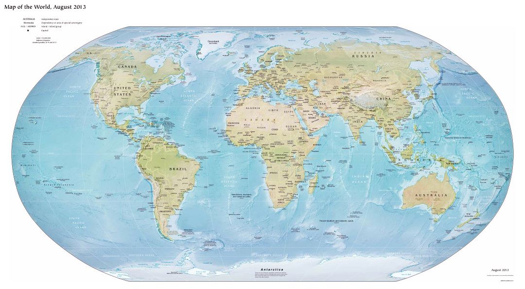 Mapa grande política detallado del mundo con alivio y las principales ciudades - 2013