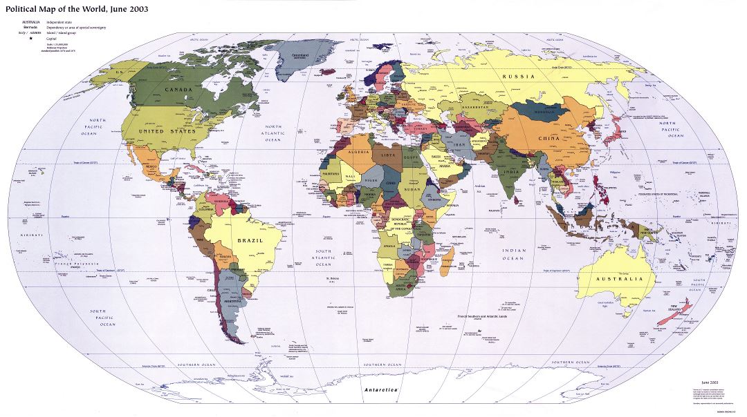 Mapa grande política detallado del mundo con capitales - 2003
