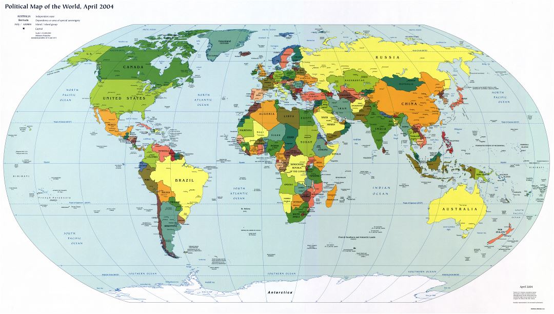 Mapa grande política detallado del mundo con las capitales y principales ciudades - 2004
