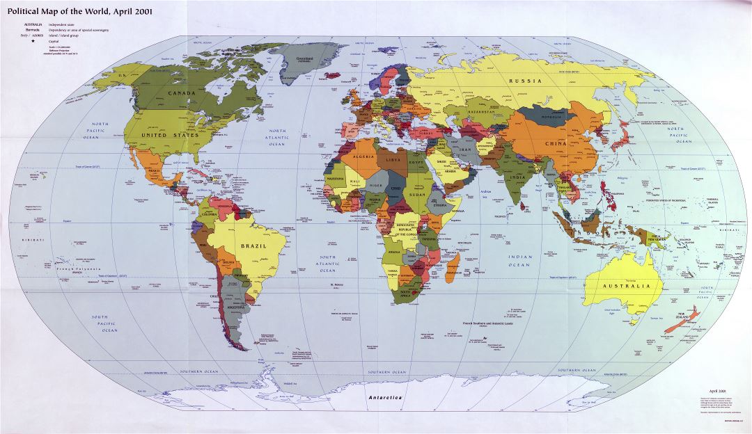 Mapa grande política detallado del mundo con las principales ciudades y capitales - 2001