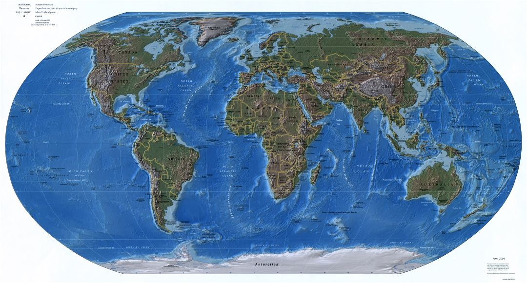Mapa grande política detallado del mundo con relieves, las capitales y principales ciudades - 2004