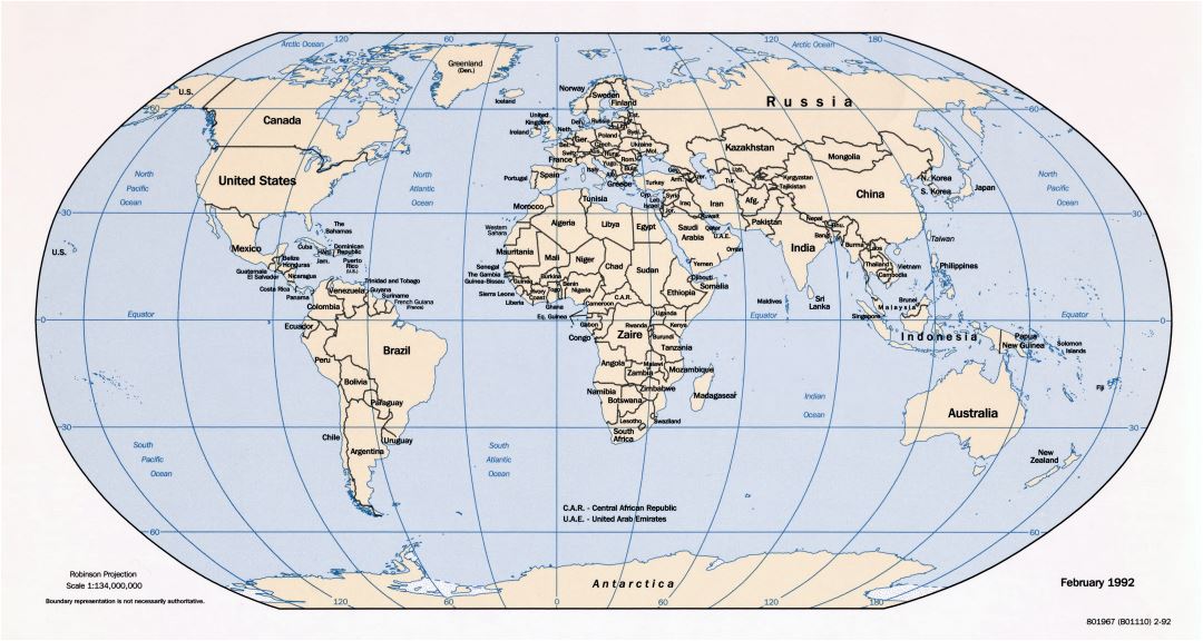 Mapa político a gran escala del mundo - 1992