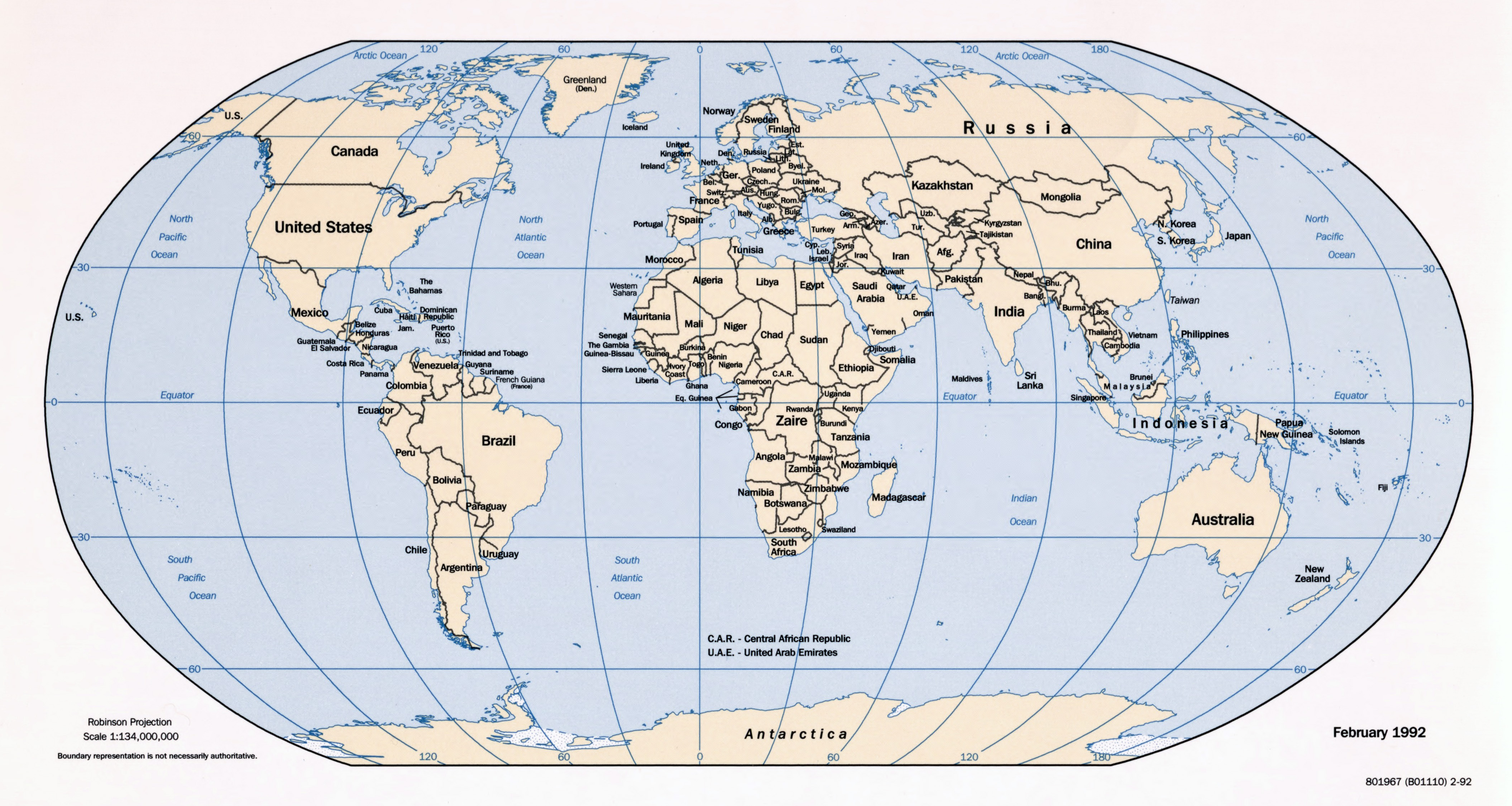 Mapa político a gran escala del mundo - 1992, Mundo