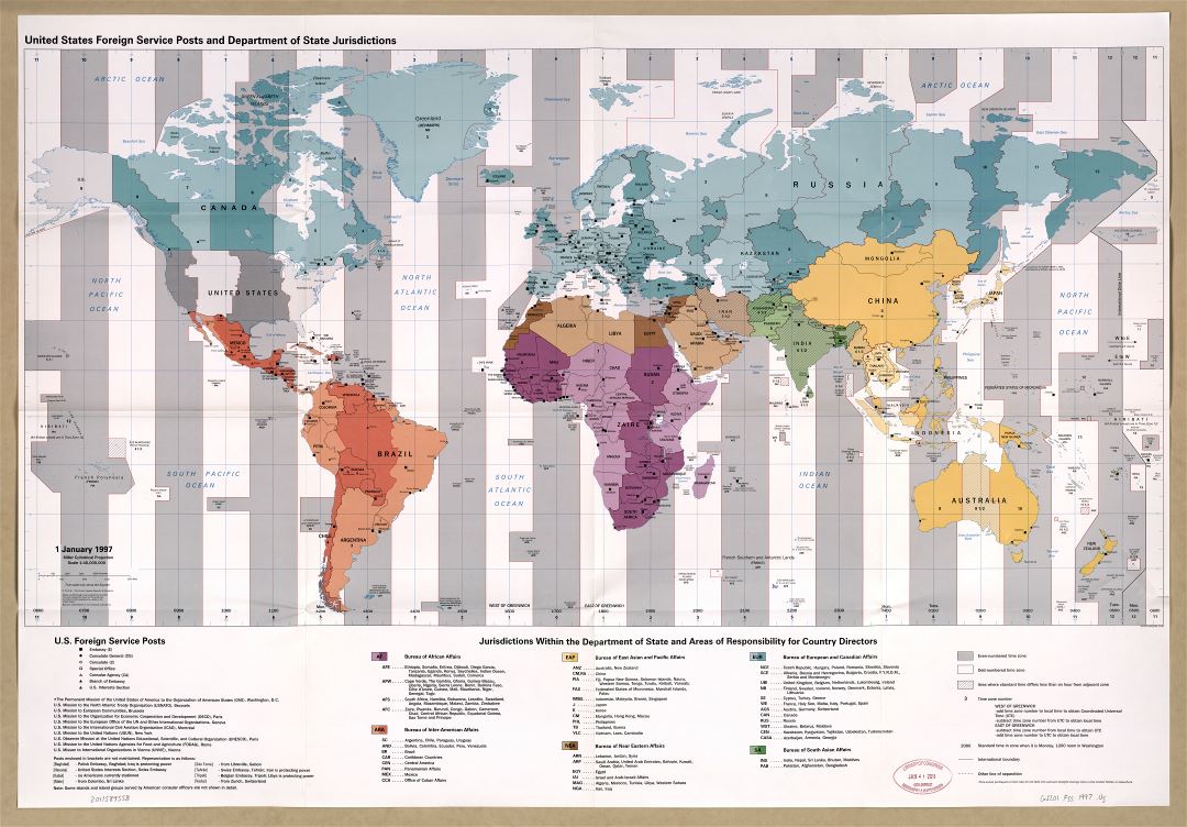 En alta resolución mapa detallado de los puestos de servicio exterior de Estados Unidos y el Departamento de Estado jurisdicciones - 1996