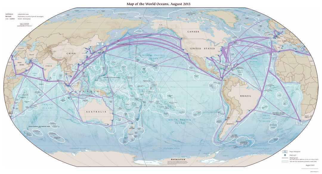 Gran mapa detallado de los océanos del mundo - 2013