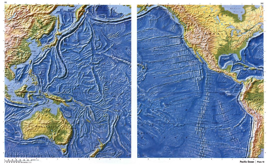 Gran mapa en relieve detallada del Océano Pacífico