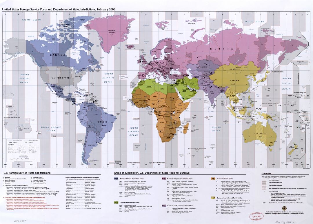 Mapa detallado a gran escala de los puestos de servicio exterior de Estados Unidos y el Departamento de Estado jurisdicciones - 2006