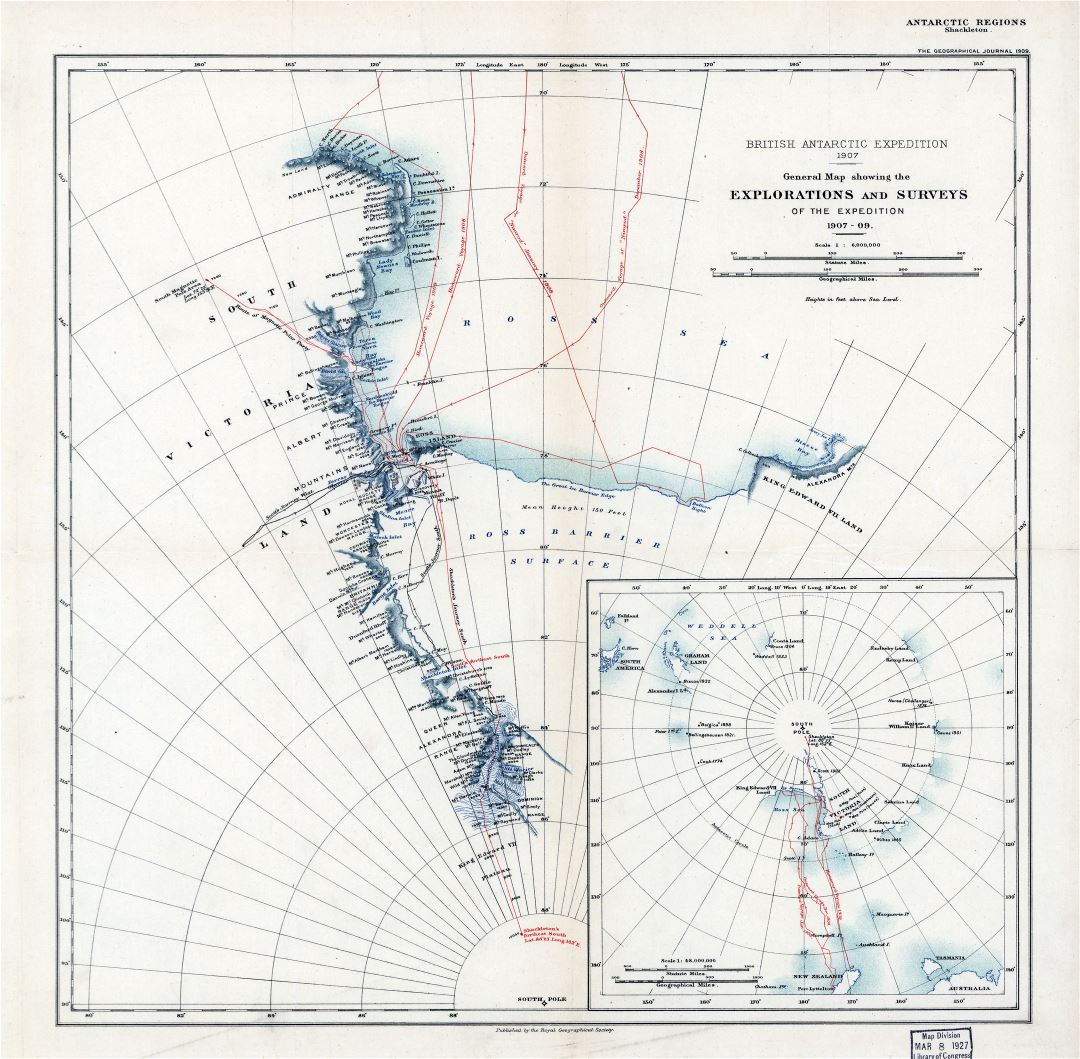 A gran escala viejo mapa general que muestra las exploraciones y estudios de la Expedición - 1907-1909