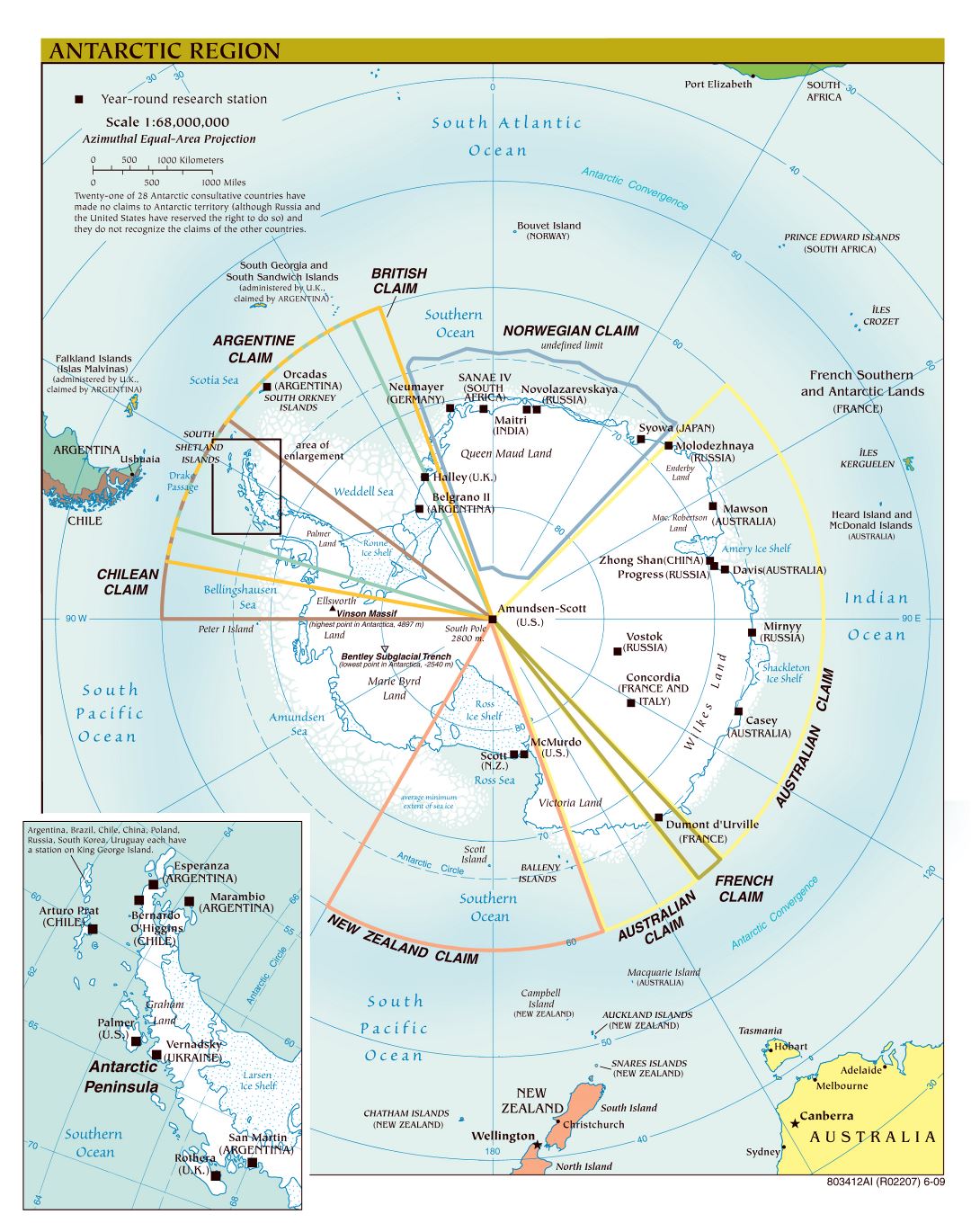 Gran escala del mapa detallado de política Región de la Antártida - 2009