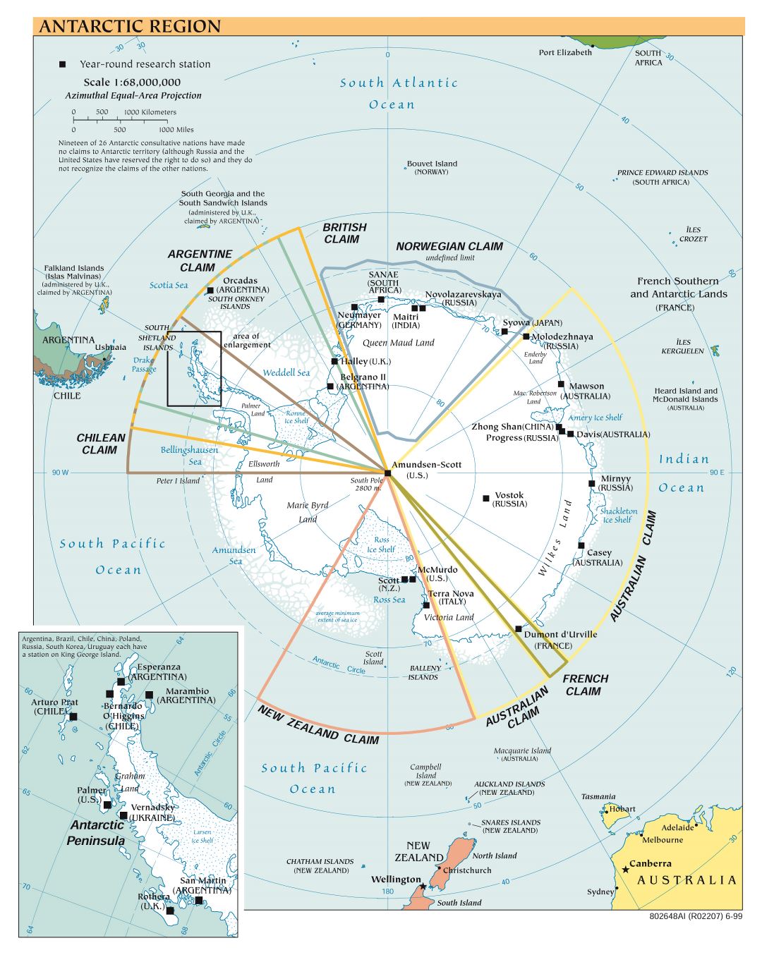 Gran escala Región Antártica mapa político - 1999