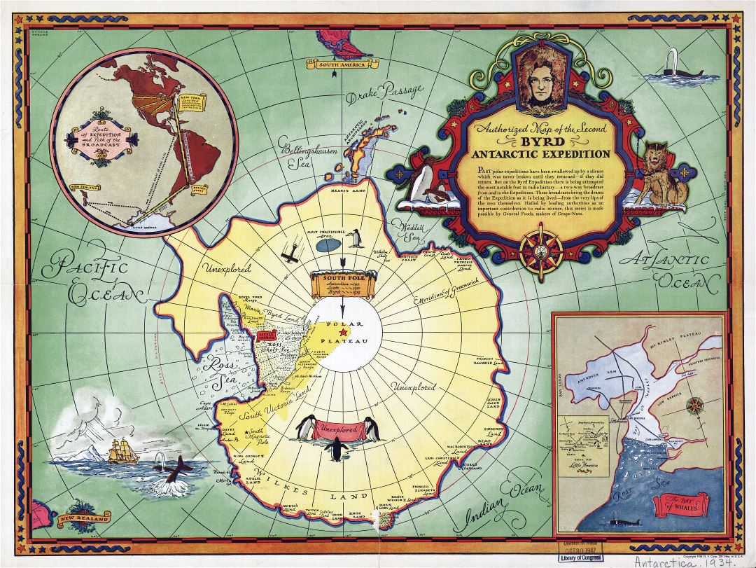 Gran escala viejo mapa autorizado de la Segunda Expedición Antártica Byrd - 1934