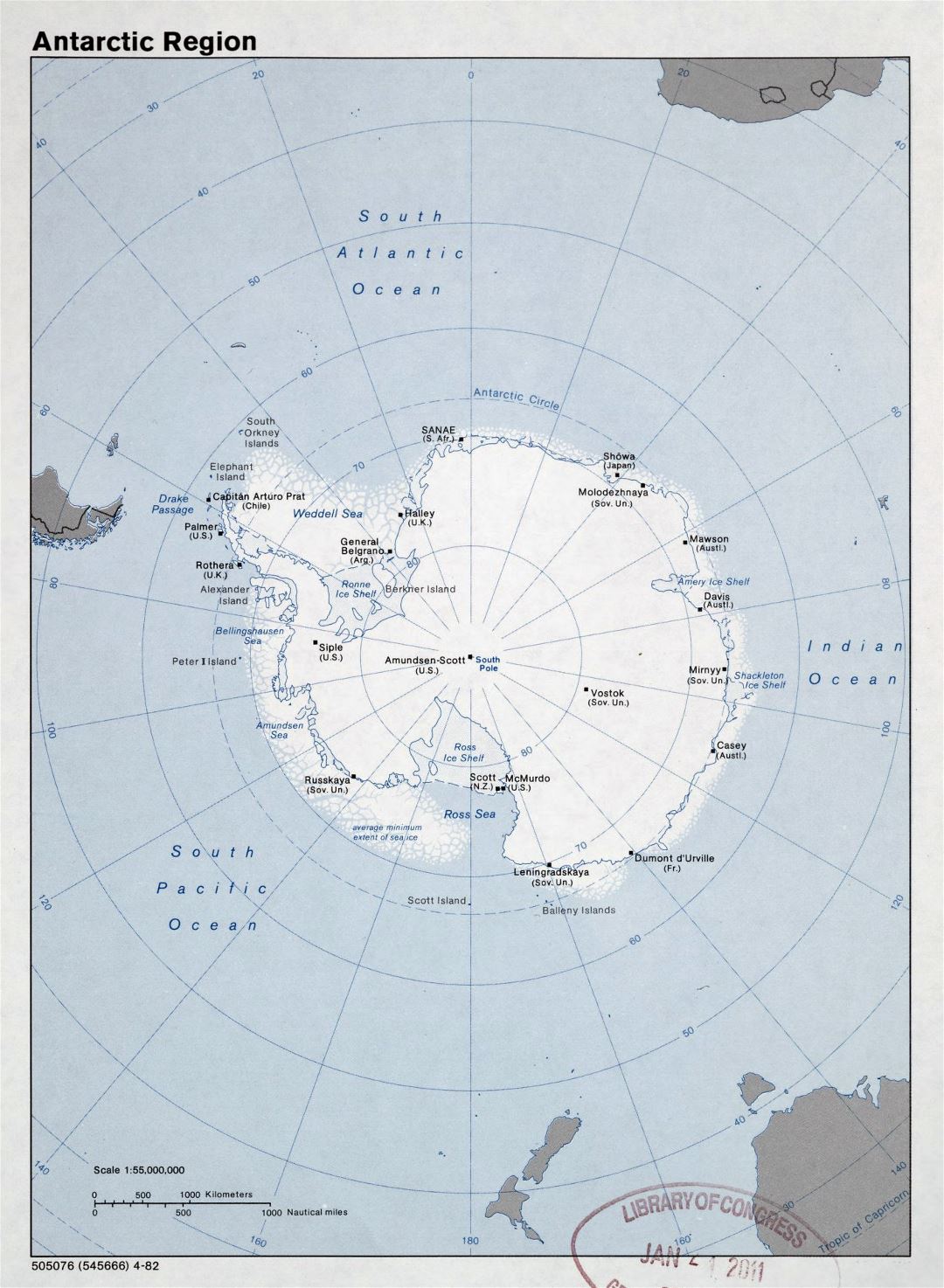 Gran mapa detallado de la Región Antártica - 1982