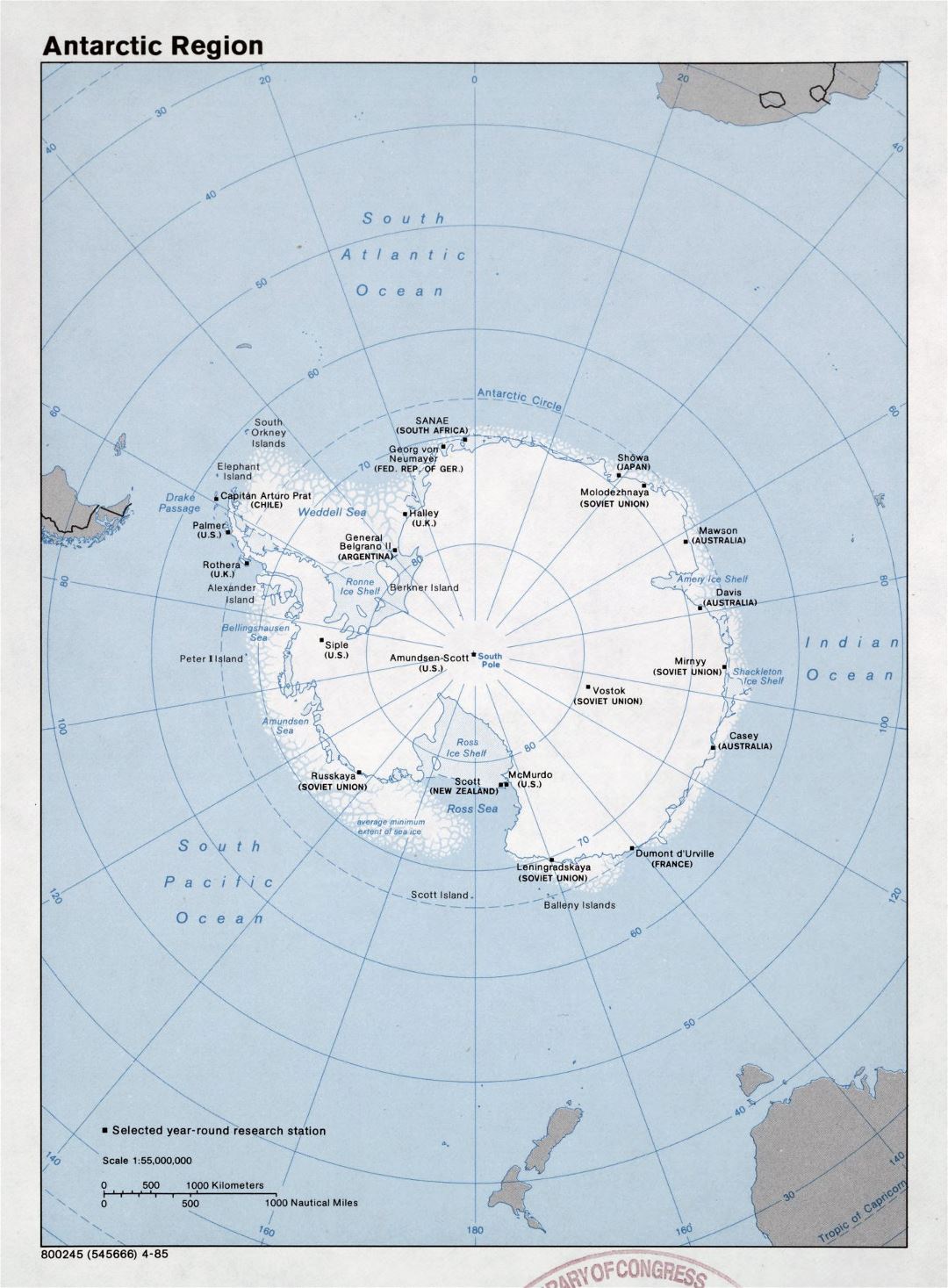 Gran mapa detallado de la Región Antártica - 1985