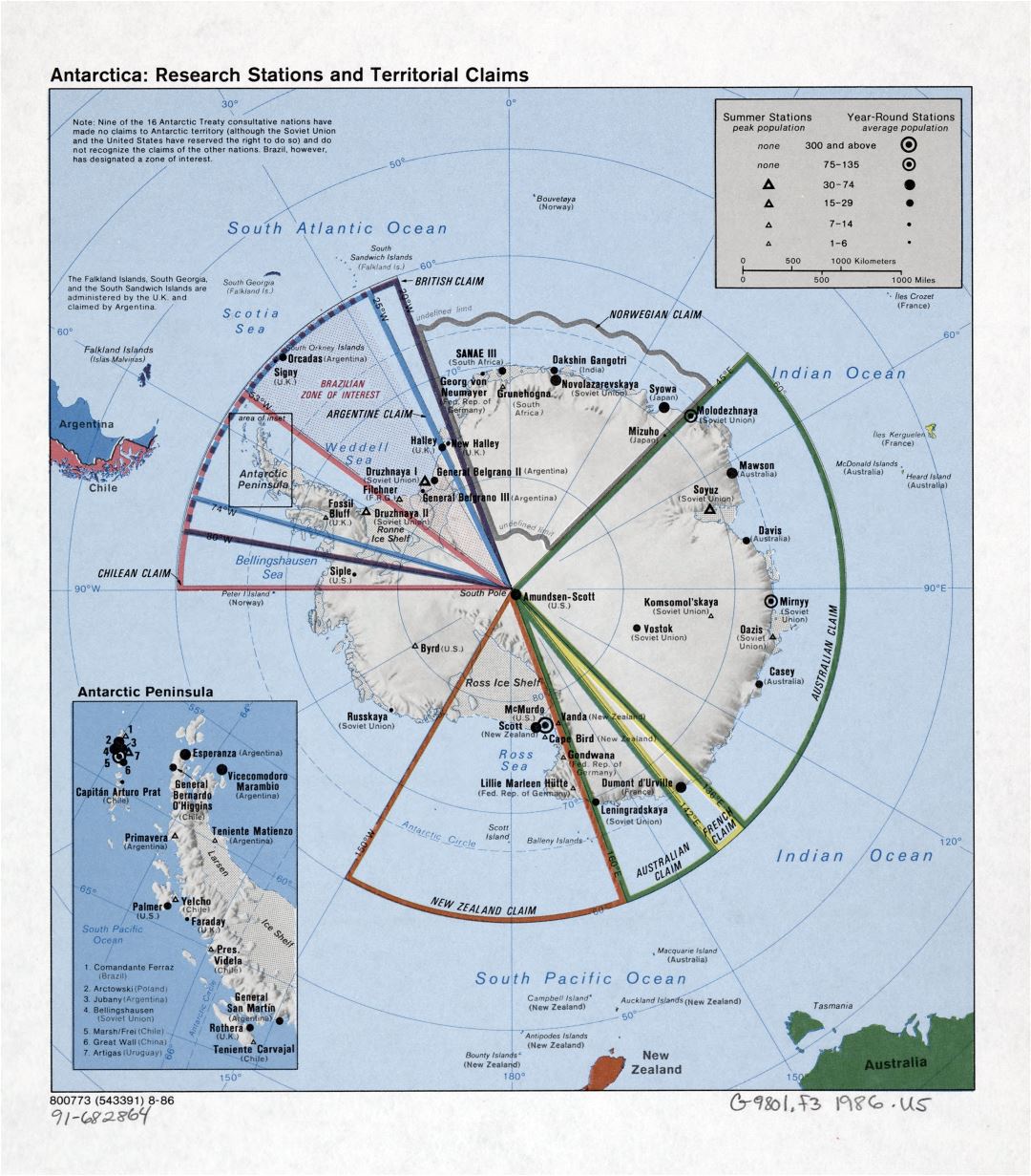 Gran mapa detallado de las estaciones de investigación de la Antártida y reivindicaciones territoriales - 1986