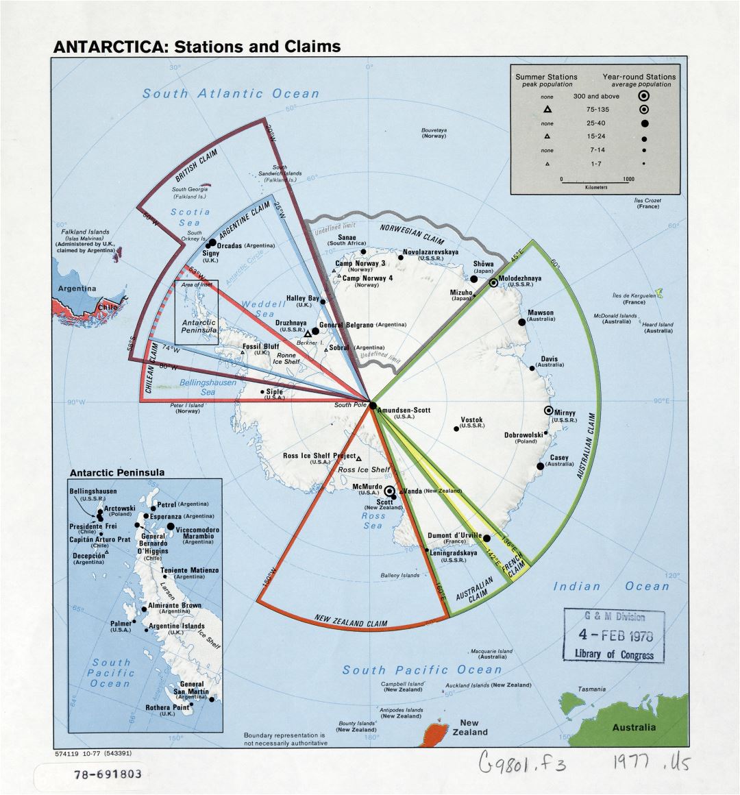 Gran mapa detallado de las estaciones de la Antártida y reclamaciones - 1977