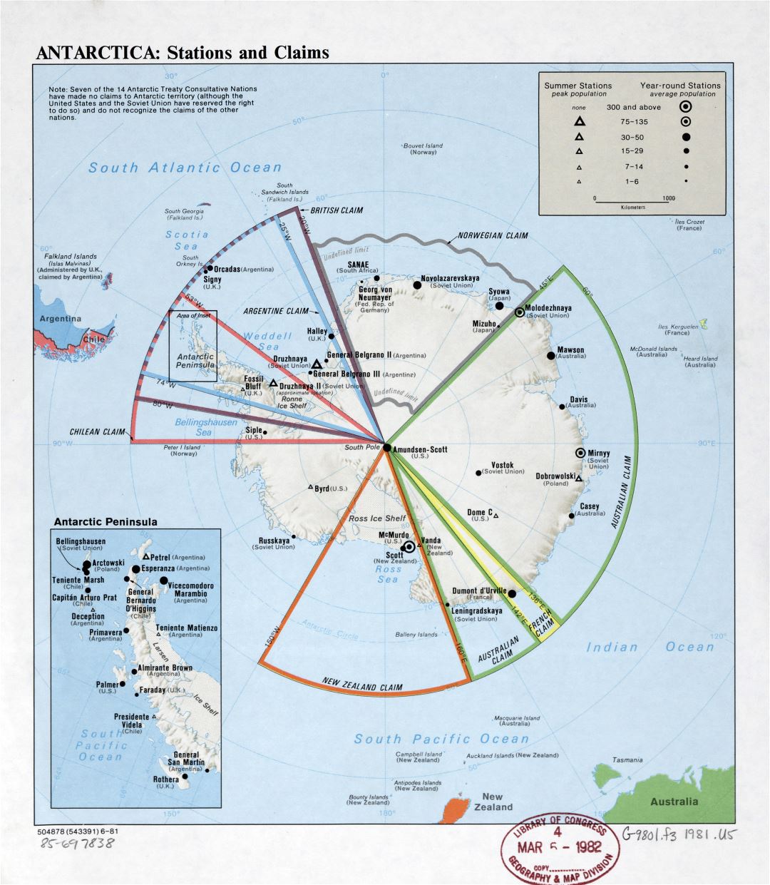 Grandes estaciones y reclamaciones detalladas Antártida mapa - 1981
