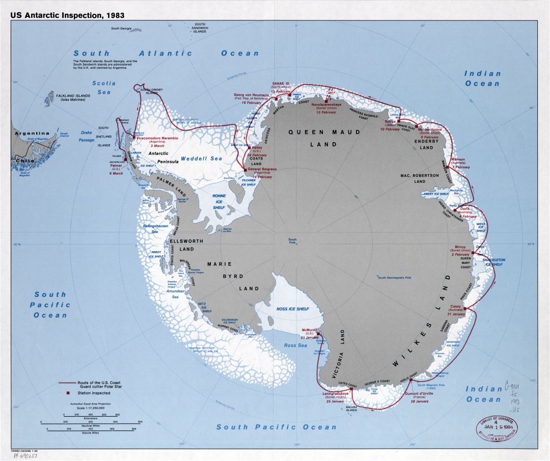 Mapa a gran escala de la inspección EE.UU. Antártida - 1984
