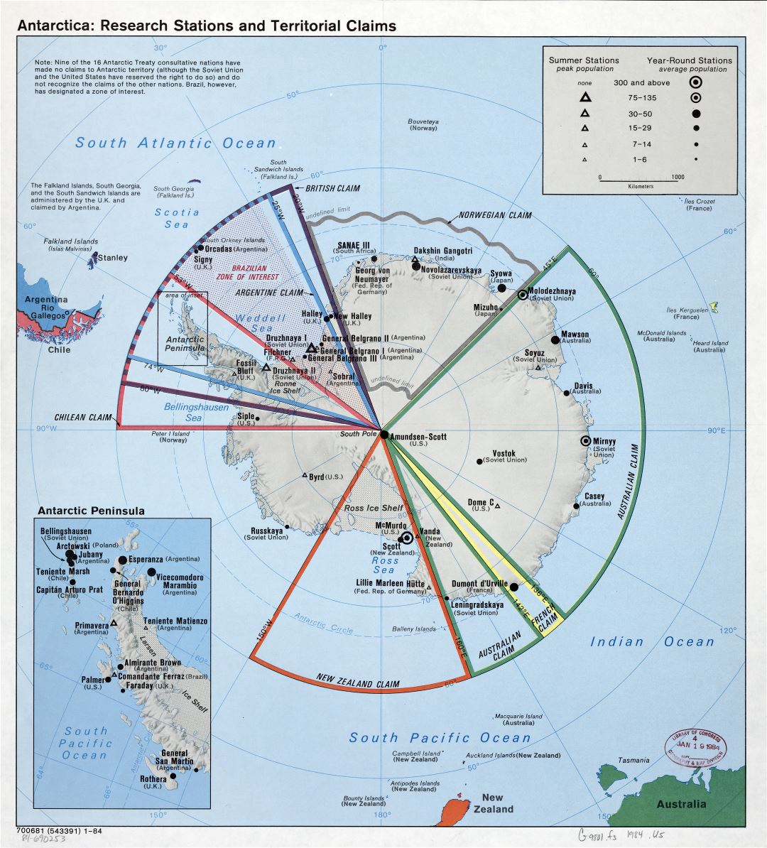 Mapa a gran escala de las estaciones de investigación de la Antártida y reivindicaciones territoriales - 1984