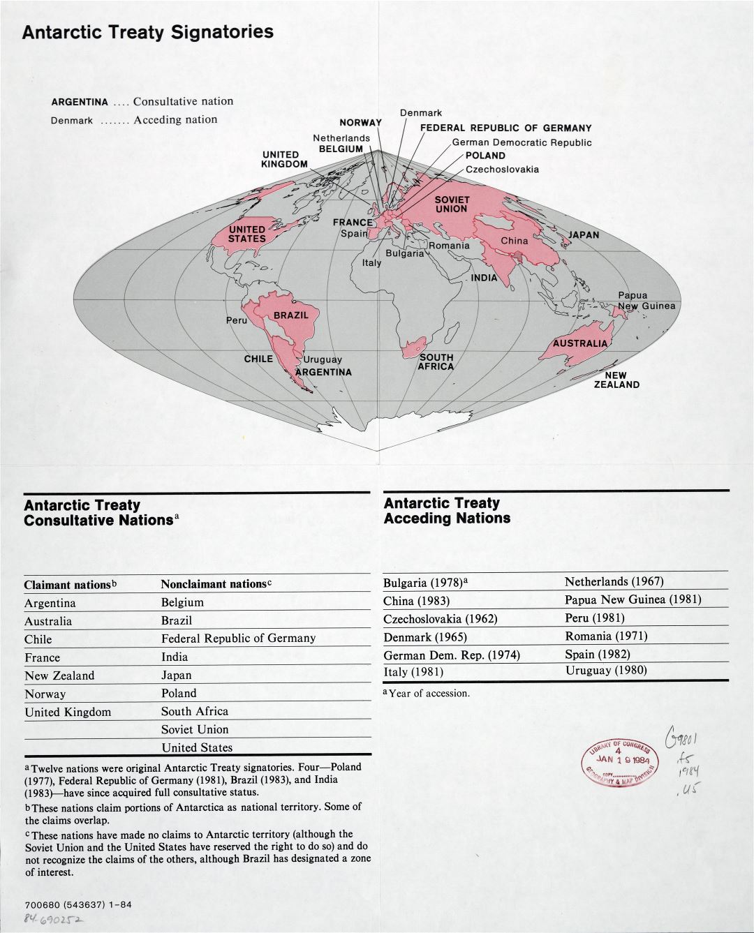 Mapa a gran escala de los firmantes del Tratado Antártico - 1984