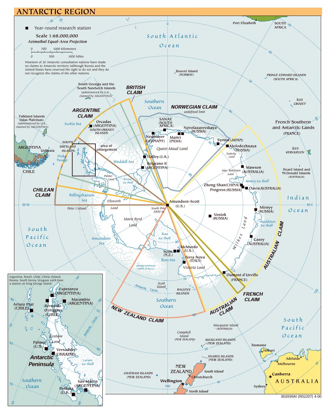 Mapa político a gran escala de la Región Antártica - 2000