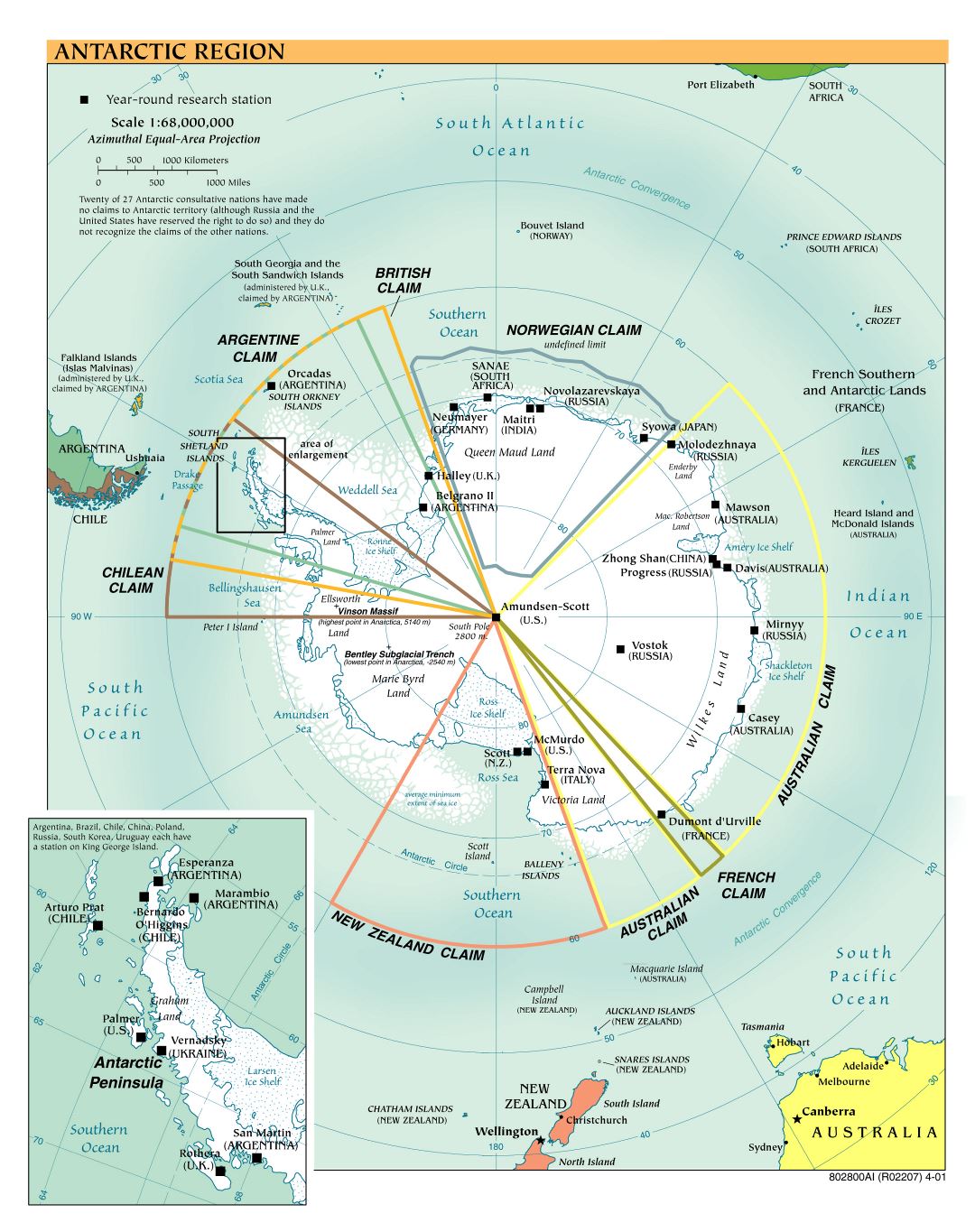 Mapa político a gran escala de la Región Antártica - 2001