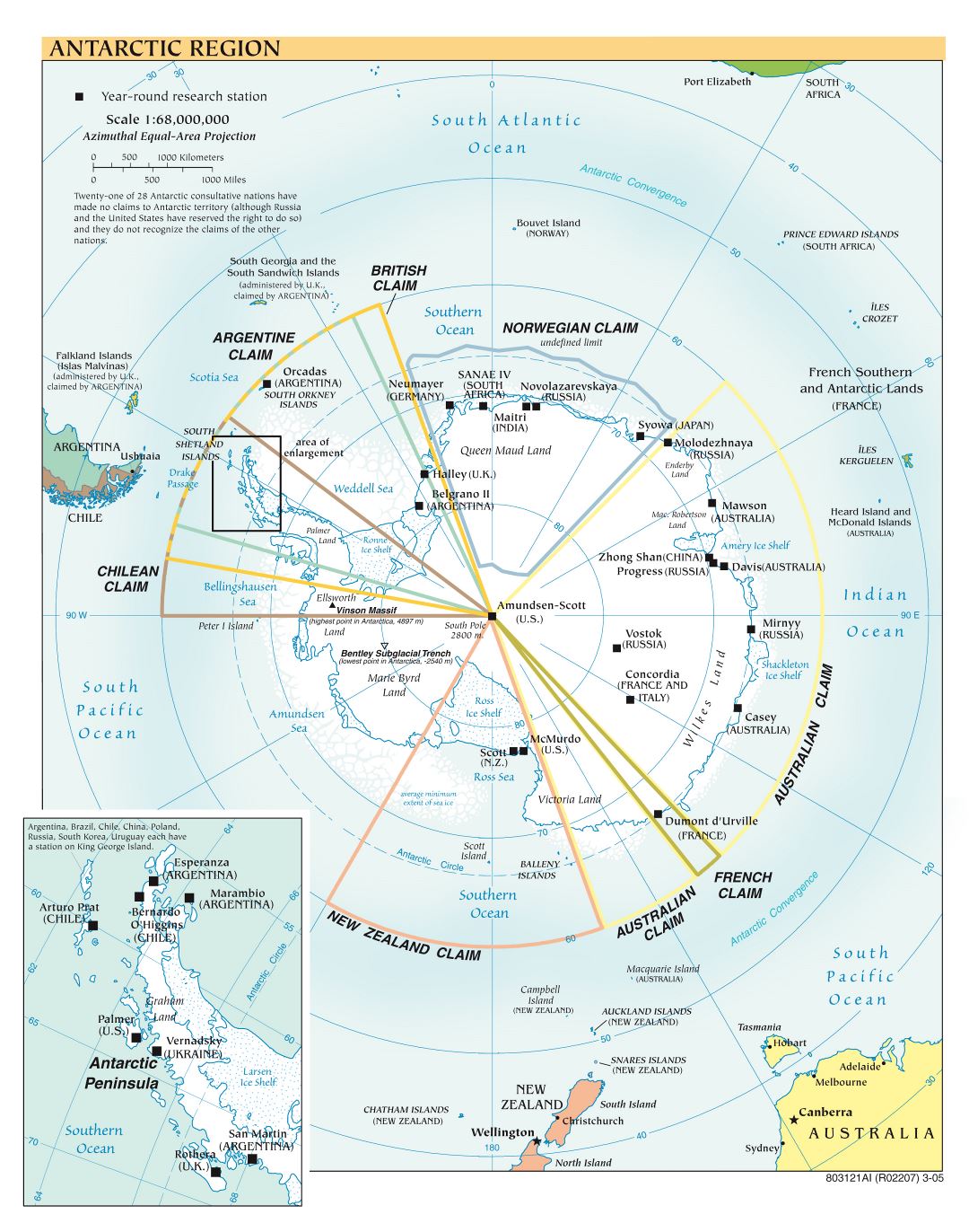 Mapa político a gran escala de la Región Antártica - 2005