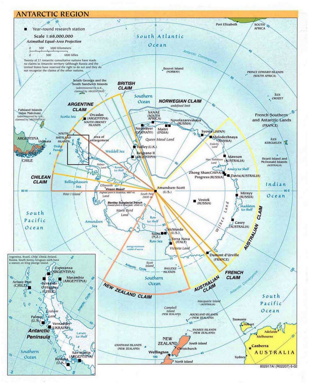 Mapa político de la Región Antártica detallada - 2002