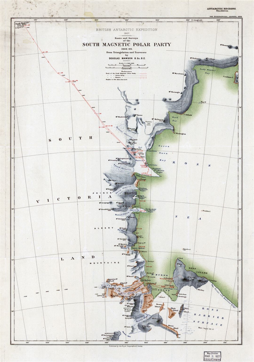 Viejo mapa a gran escala de la ruta y encuestas del Partido del Polo Sur Magnético - 1908-1909