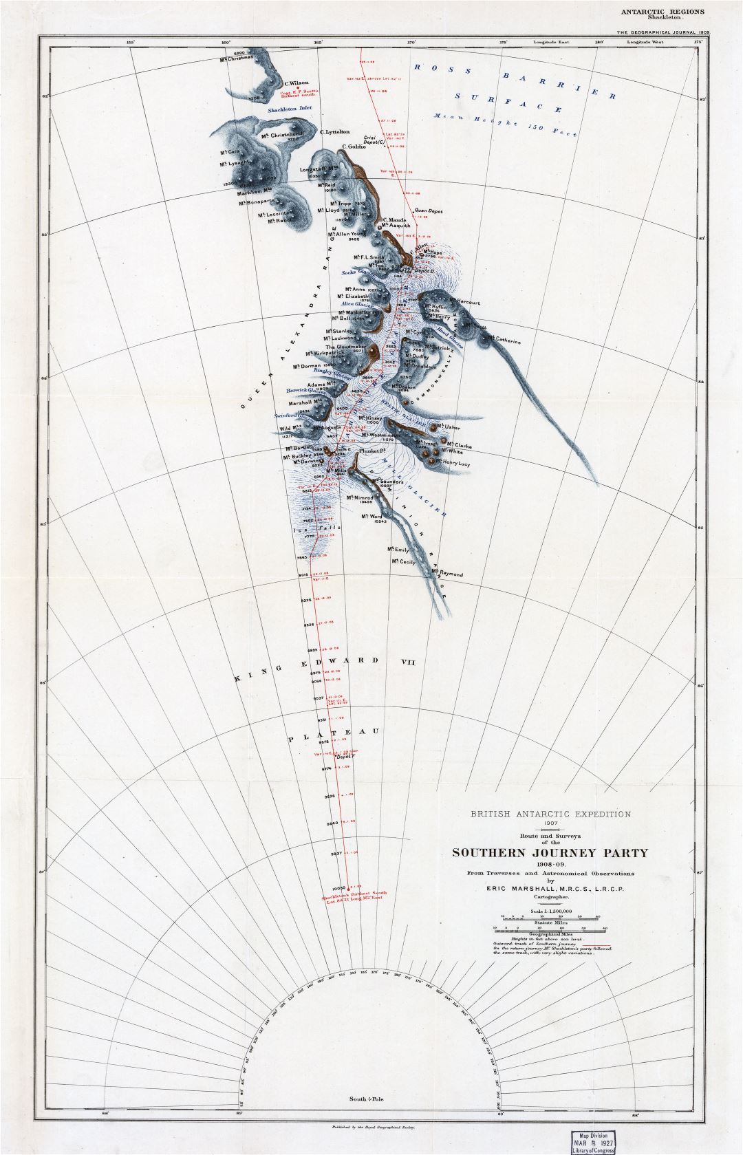 Viejo mapa a gran escala de la ruta y encuestas del Partido Viaje Sur - 1908-1909