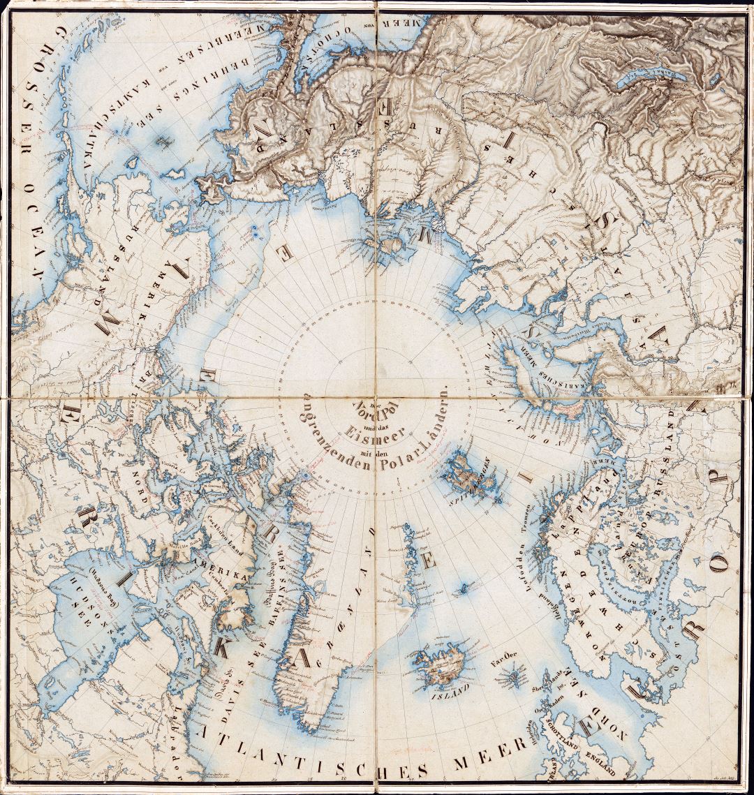 Gran escala detallada viejo mapa de las regiones adyacentes Ártico y - 1855