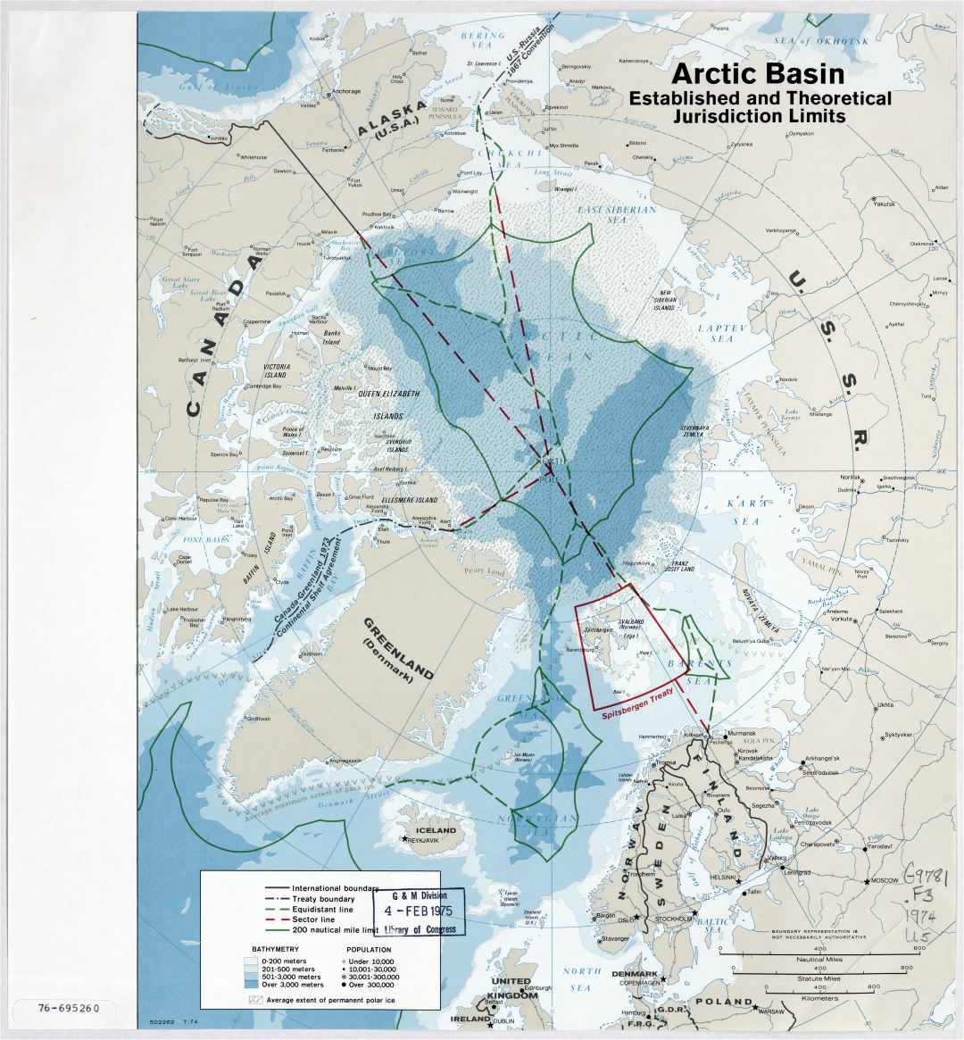 Mapa a gran escala de la cuenca del Ártico, establecido y límites de jurisdicción teóricos - 1974
