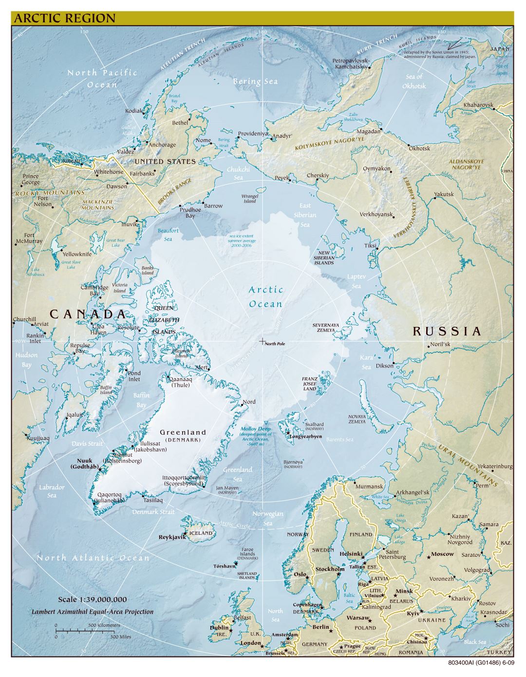 Mapa a gran escala política del Ártico con alivio - 2009