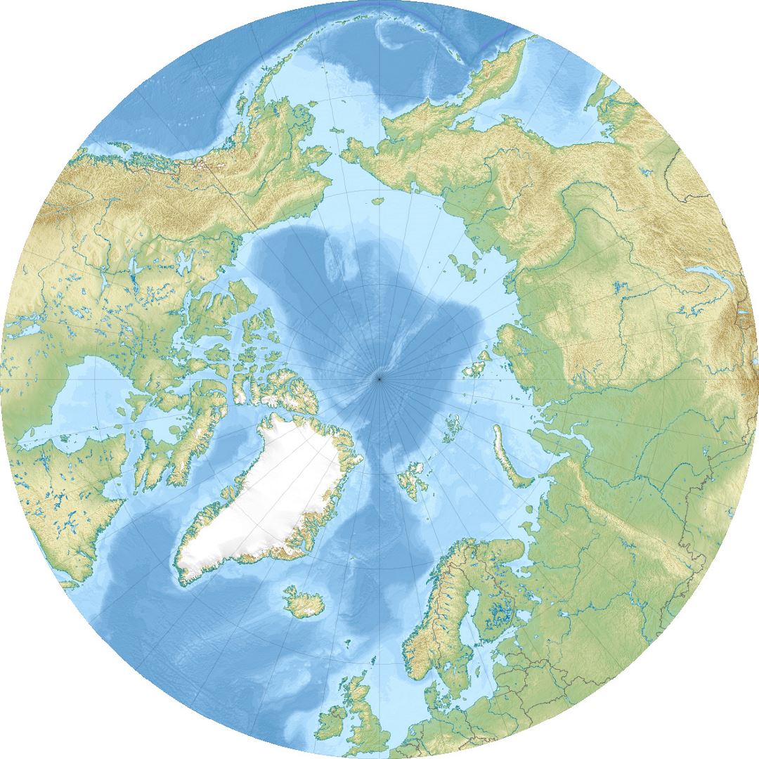 Mapa en relieve detallada del Océano Ártico