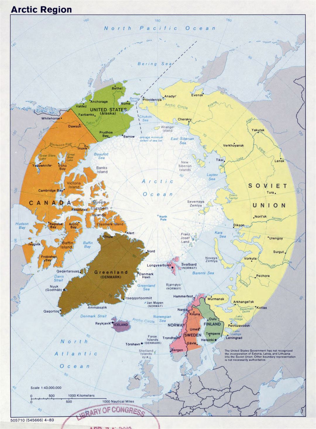 Mapa grande política detallada del Ártico - 1983