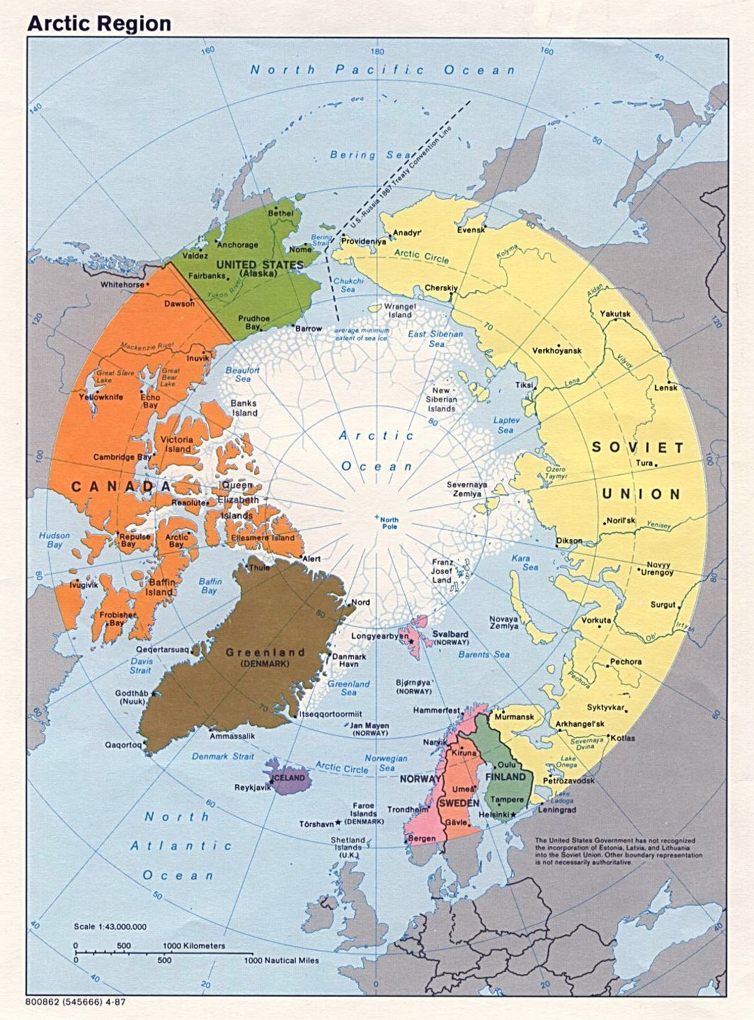 Mapa político grande de la Región Ártica - 1987