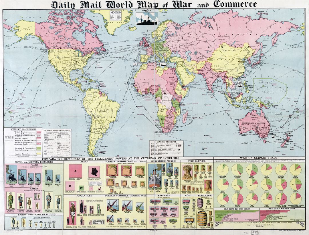 A gran escala viejo mapa Daily Mail mundial de la guerra y Comercio - 1917