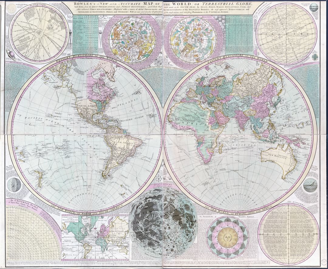 Gran escala detallada de edad mapa antiguo del mundo - 1780