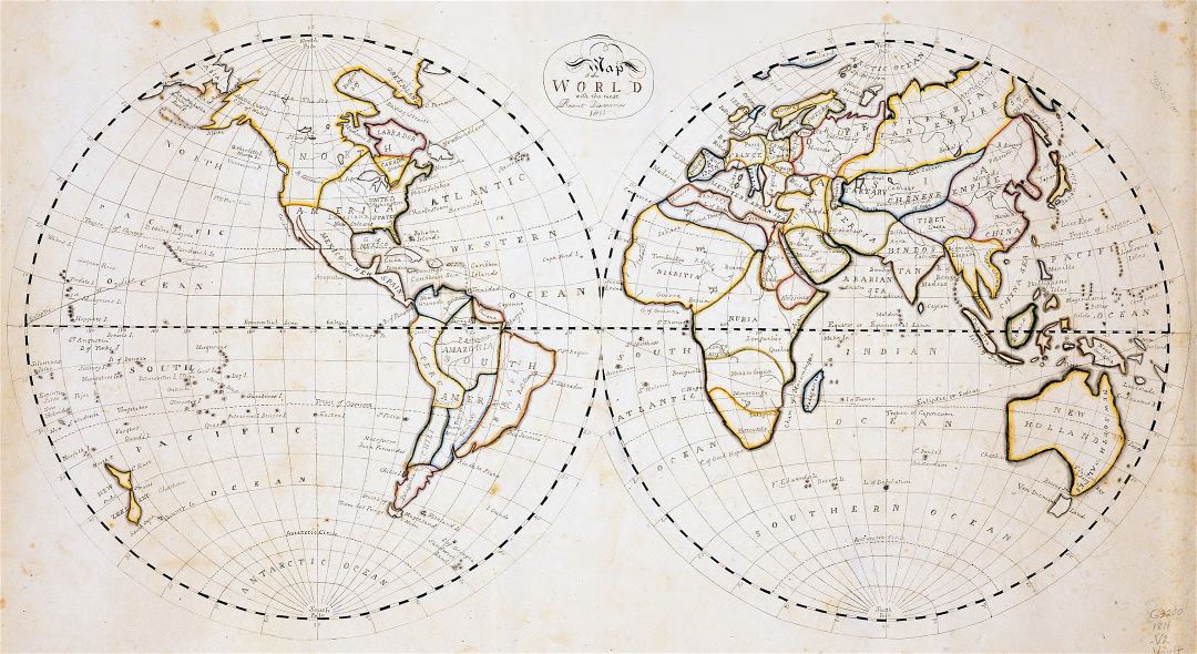 Viejo mapa a gran escala del mundo con los descubrimientos más recientes