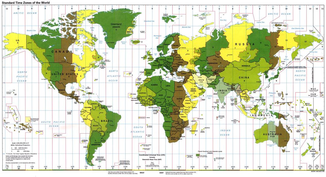 Gran mapa de las Zonas Horarias del Mundo - 1998
