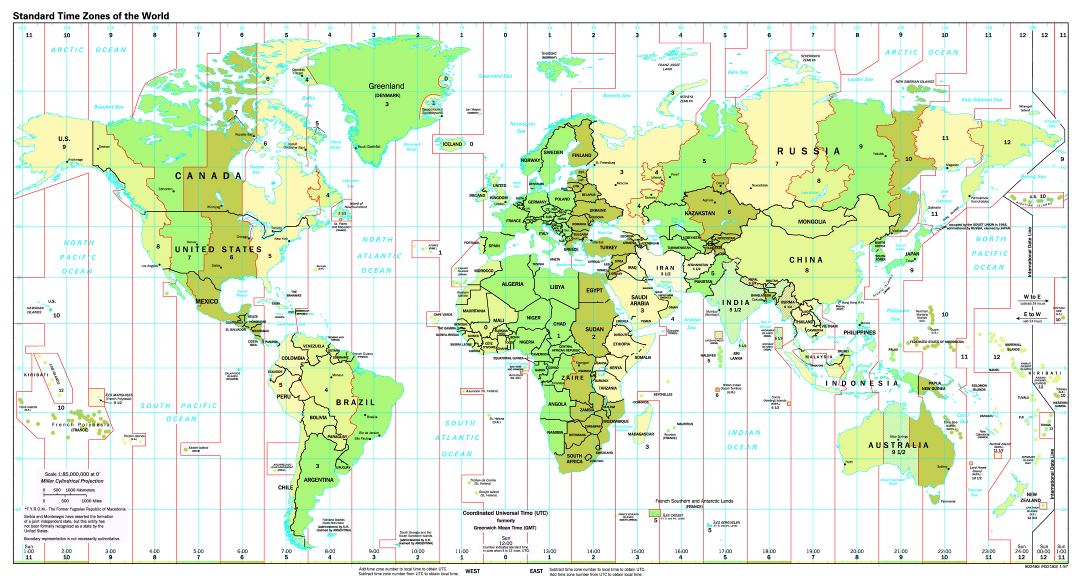 Gran mapa detallado de Standart Zonas Horarias del Mundo - 1997