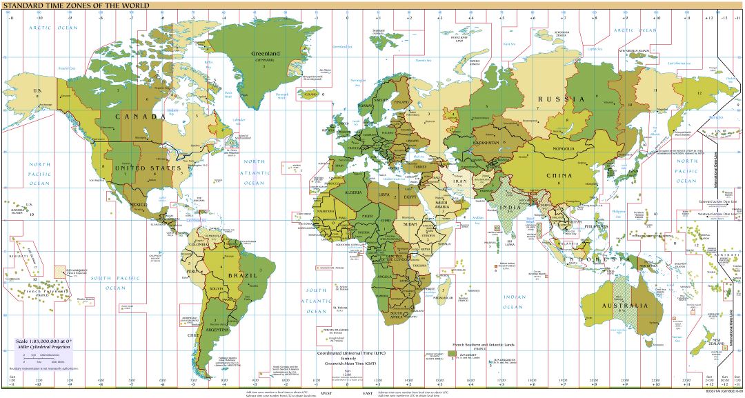 Gran mapa detallado de Standart Zonas Horarias del Mundo - 2008