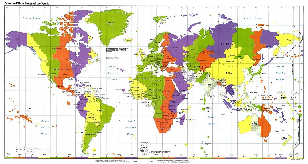 Mapa grande de Standart Zonas Horarias del Mundo - 1995