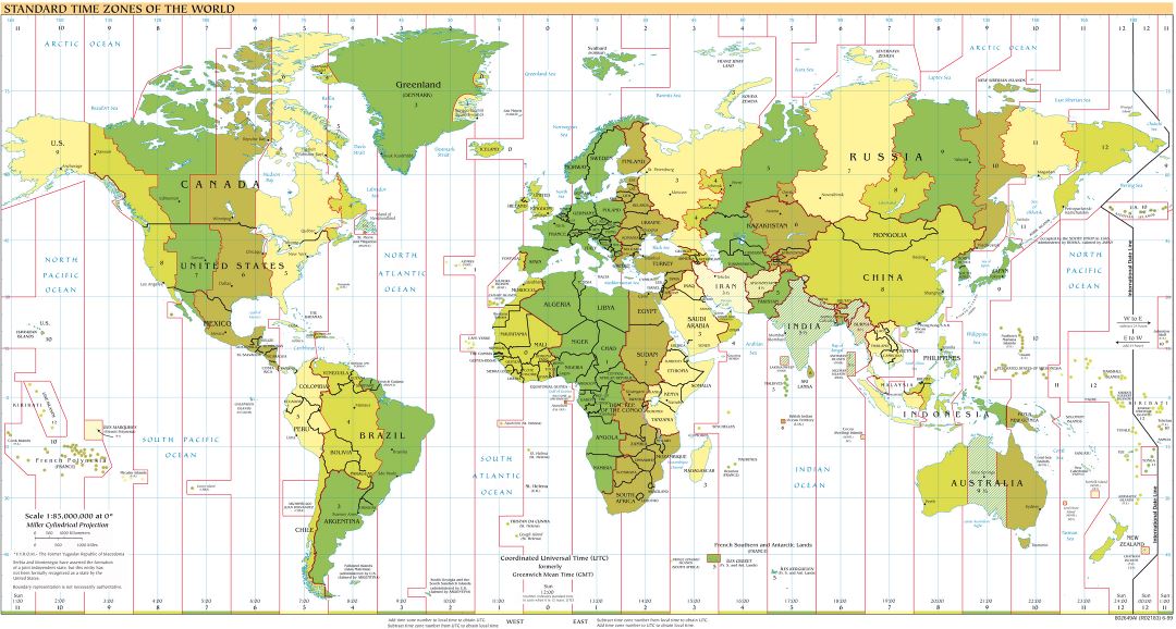 Mapa grande de Standart Zonas Horarias del Mundo - 1999