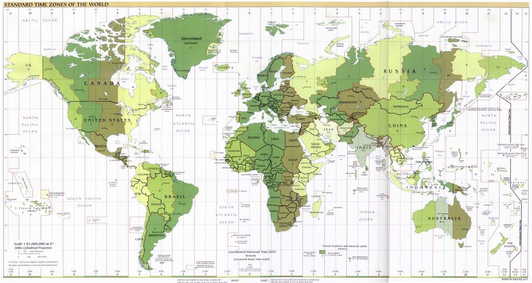 Mapa grande de Standart Zonas Horarias del Mundo - 2001