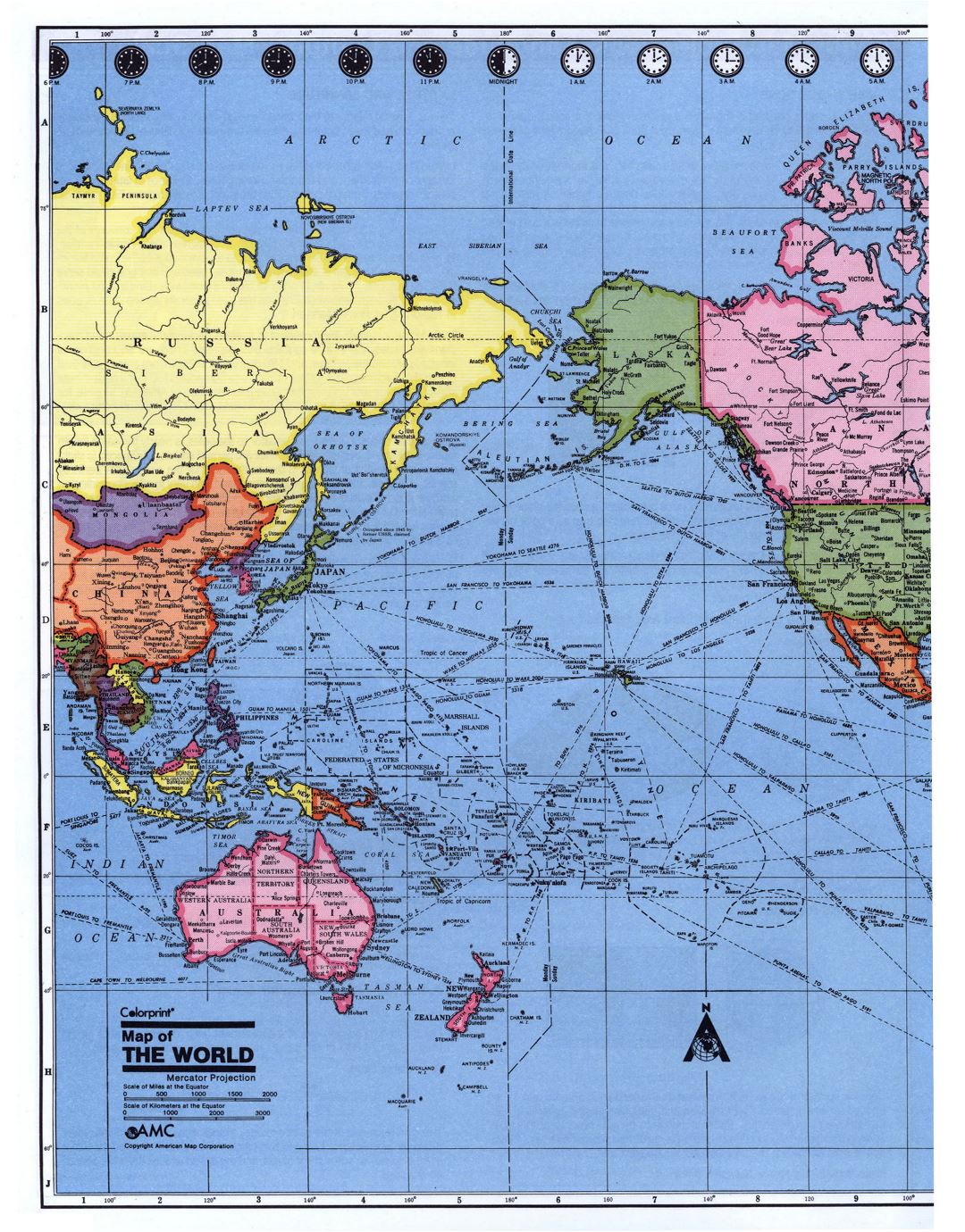 Mapa político detallada del Océano Pacífico con las Zonas Horarias