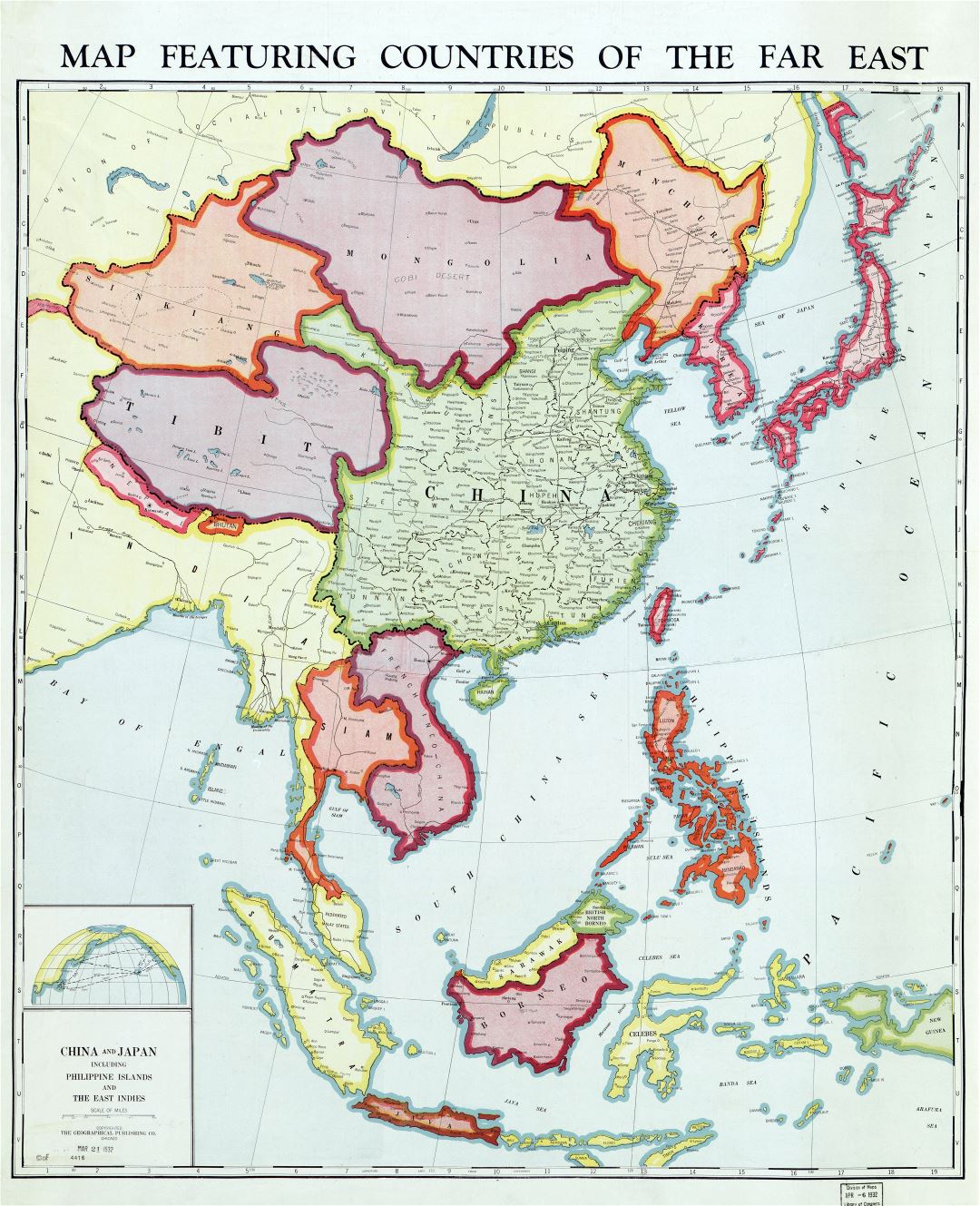 Gran escala Antiguo mapa político de los países que ofrecen del Lejano Oriente con las marcas de las ciudades y otras marcas - 1932 - (1)